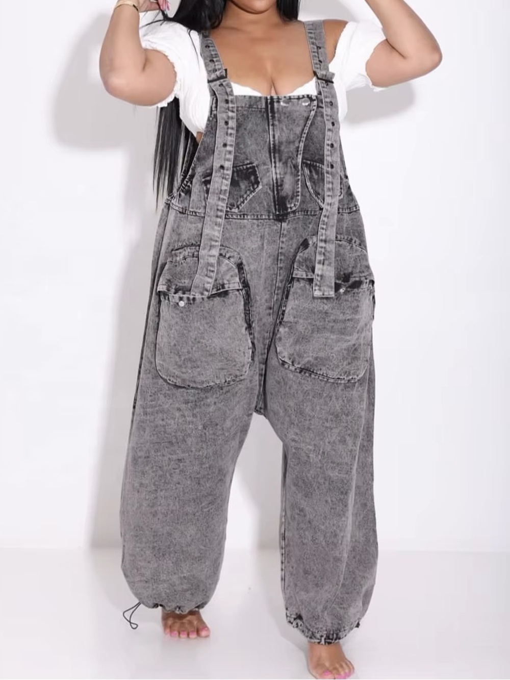 NWT WASHED GREY OVERSIZED DENIM OVERALLS, SIZE 2XL